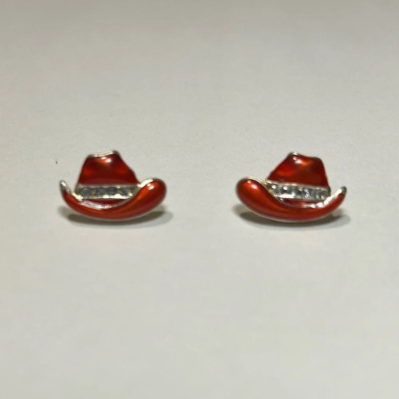 3/$20 Cute Red Cowboy Hat Rhinestone Gold Plated Stud Earrings Country Vintage - Picture 1 of 3